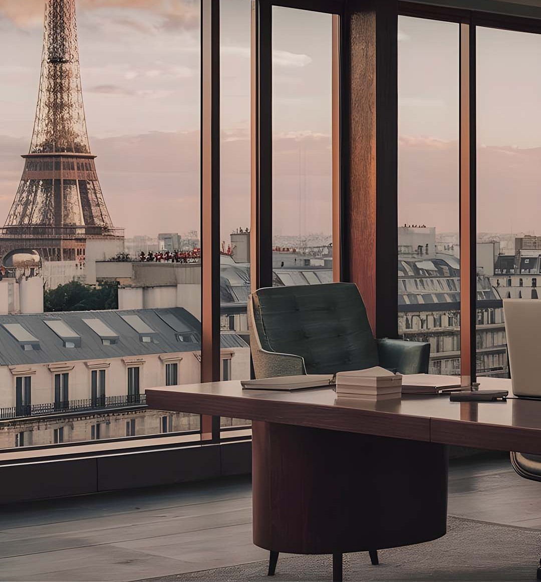 Bureau avec vue sur la tour Eiffel au coucher du soleil